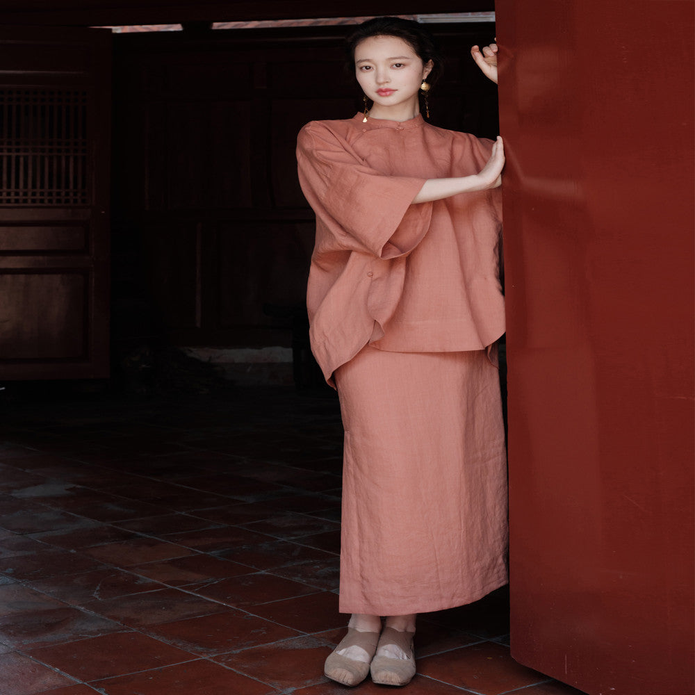 100 Ramie New Chinese style Cut Stand up Collar Top Side Wide Edge Stacked Half Skirt image 61