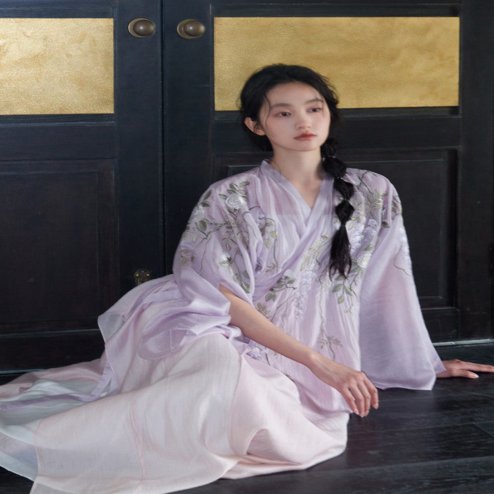 Hand drawn wisteria camellia embroidery custom lilac gradient Chinese style robe with strapless suspender skirt sold out and not restocked image 2