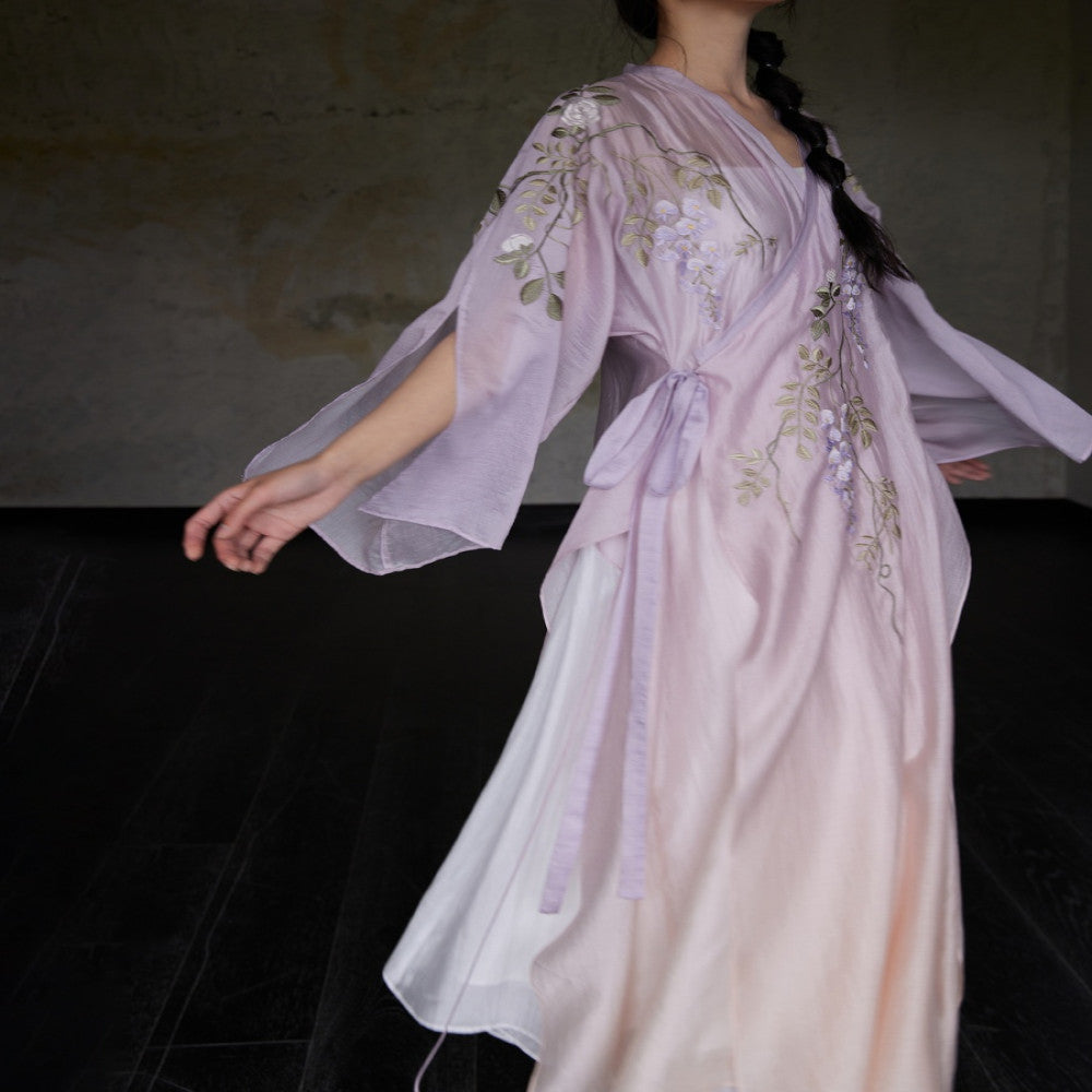 Hand drawn wisteria camellia embroidery custom lilac gradient Chinese style robe with strapless suspender skirt sold out and not restocked image 3
