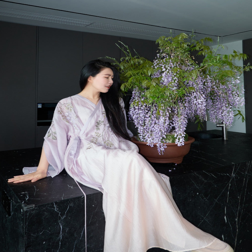 Hand drawn wisteria camellia embroidery custom lilac gradient Chinese style robe with strapless suspender skirt sold out and not restocked image 5