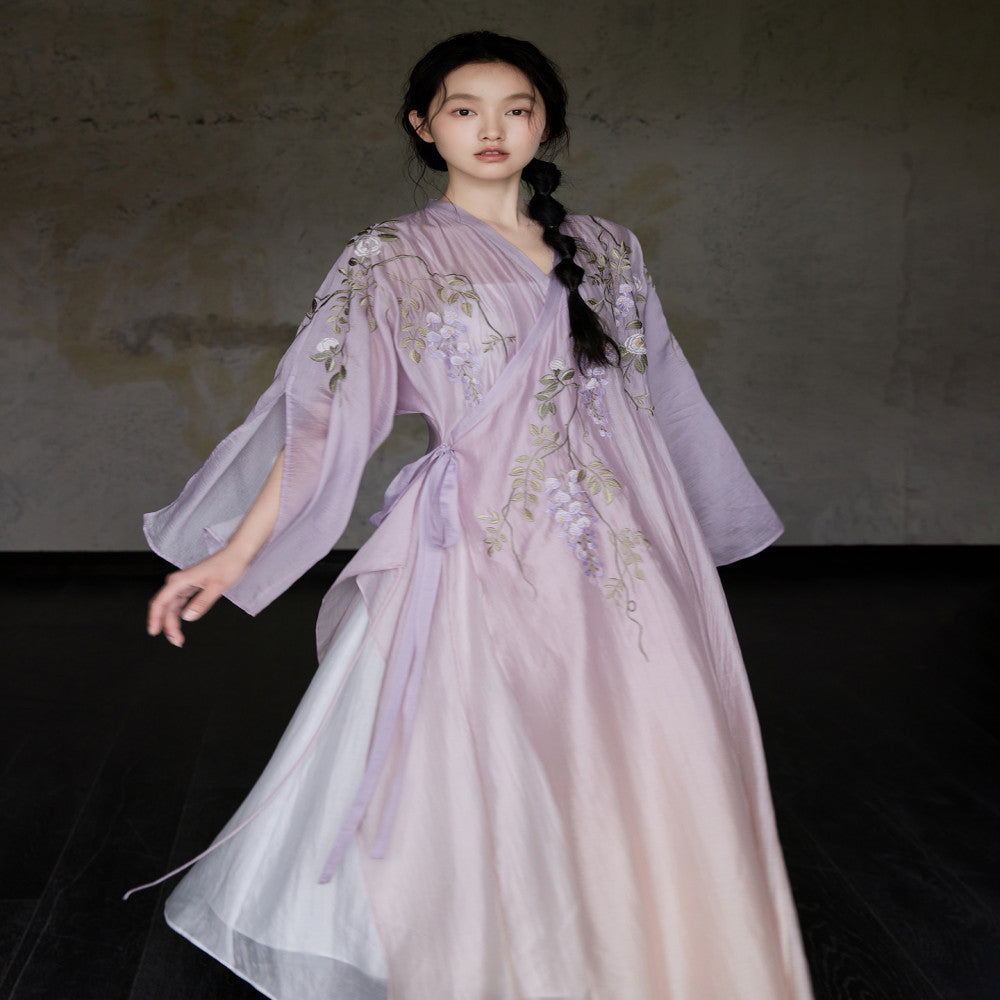 Hand drawn wisteria camellia embroidery custom lilac gradient Chinese style robe with strapless suspender skirt sold out and not restocked image 14