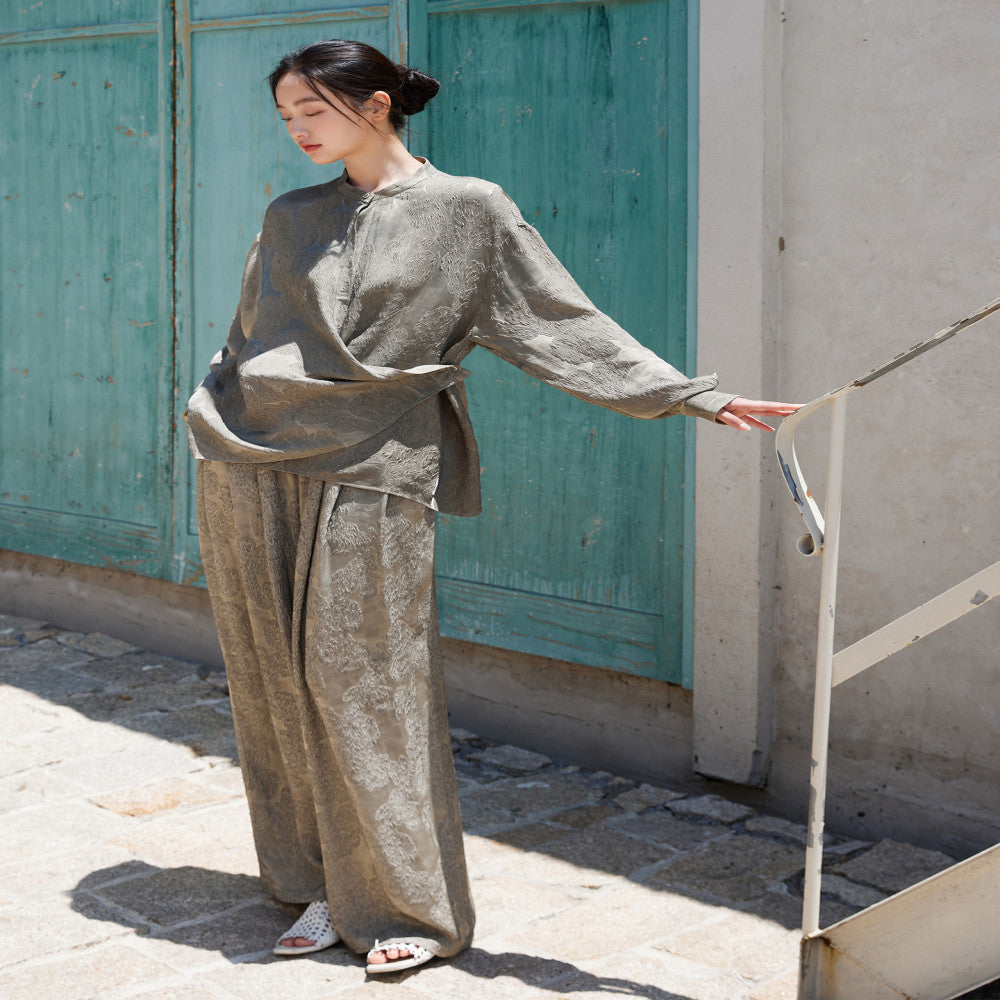 Guanle Crepe Silk Jacquard Material Plant Dyeing Multi Wear Method Shirt Long Leg Wide Leg Pants image 5
