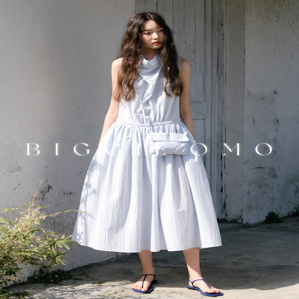 Biggie OMO 2025 Nordic Summer Low Saturation Blue Waist Full Cotton Temperament Stacked Neck Long Dress image 0