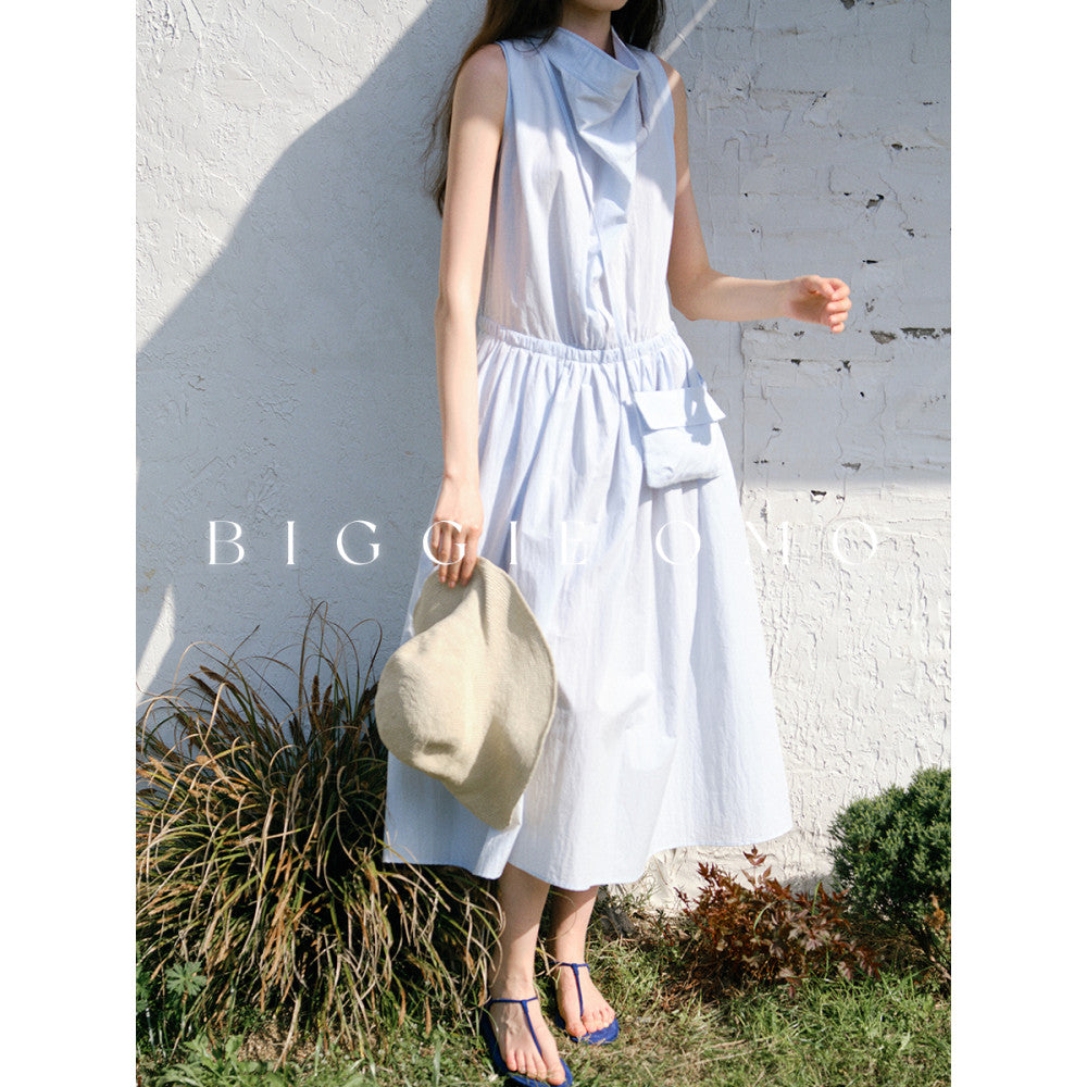 Biggie OMO 2025 Nordic Summer Low Saturation Blue Waist Full Cotton Temperament Stacked Neck Long Dress image 1