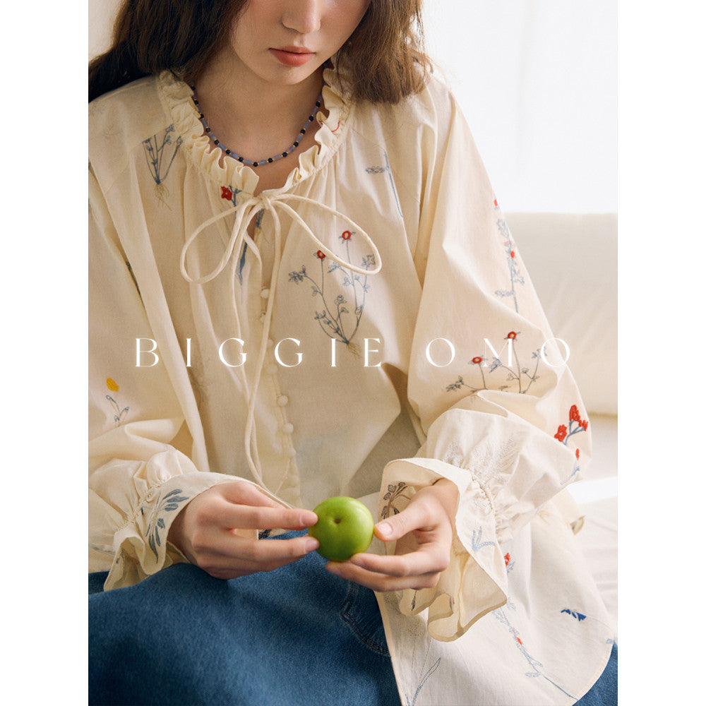 Biggiemo 5 years Nordic Carnation Heavy Industry pleated design style temperament embroidery shirt women s shirt image 6