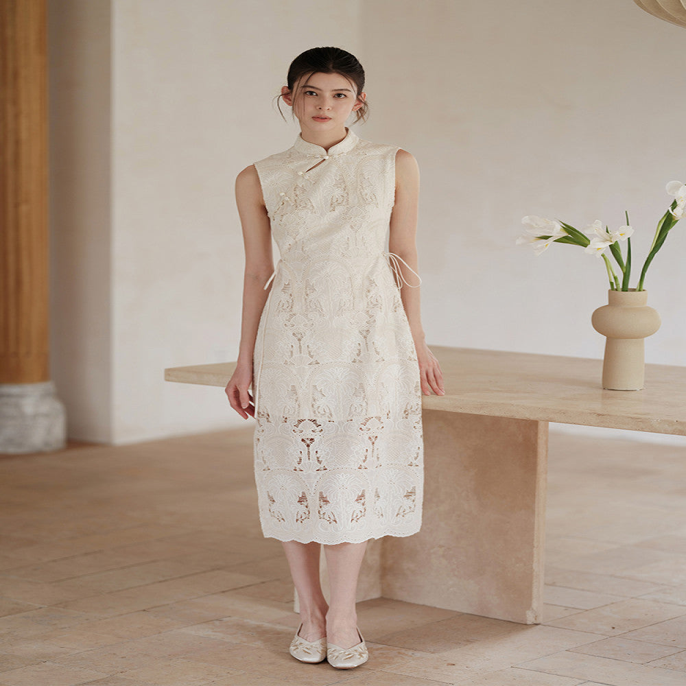 New Chinese style and improved cheongsam for women in the summer of 2025 featuring delicate lace hollow waist dresses image 0