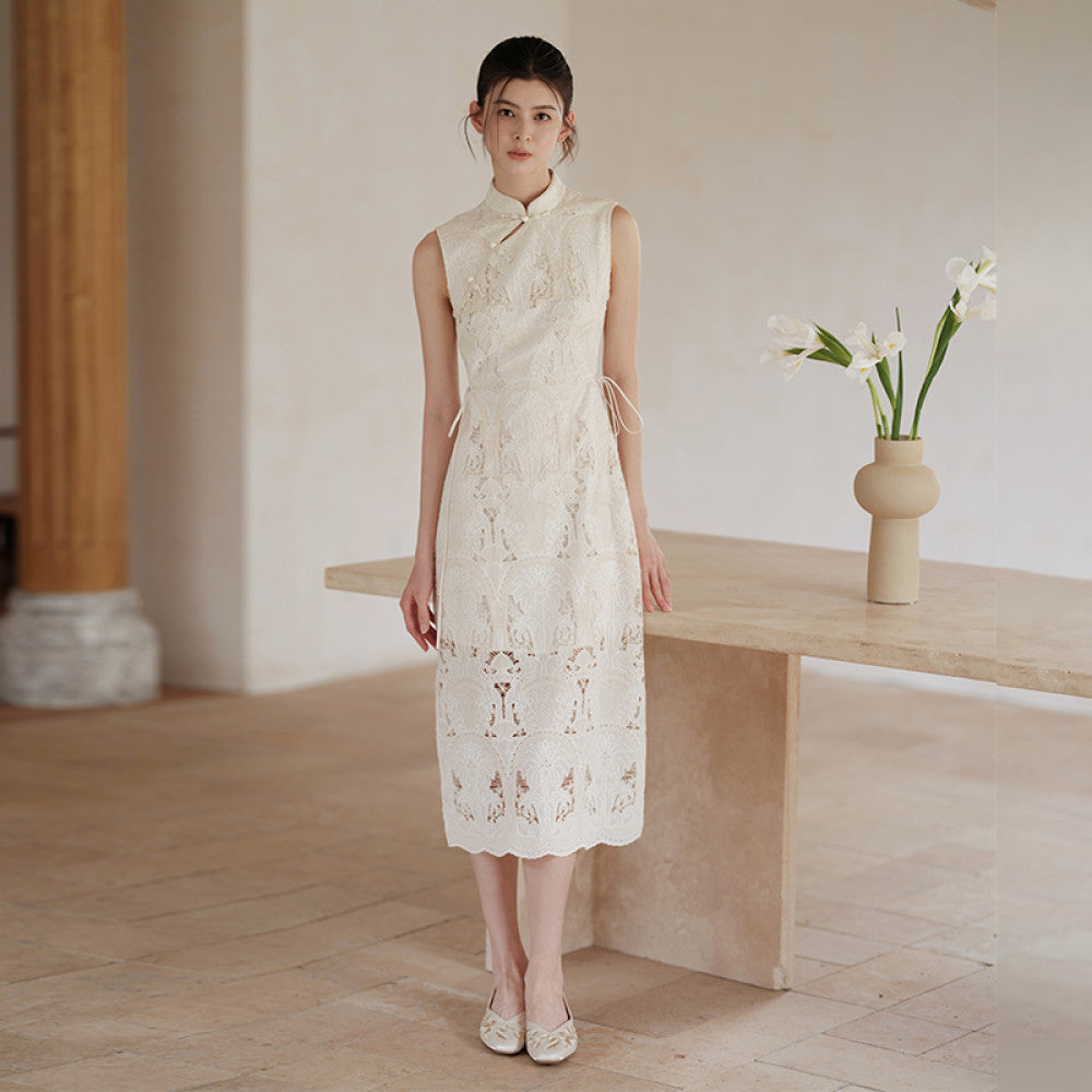 New Chinese style and improved cheongsam for women in the summer of 2025 featuring delicate lace hollow waist dresses image 9