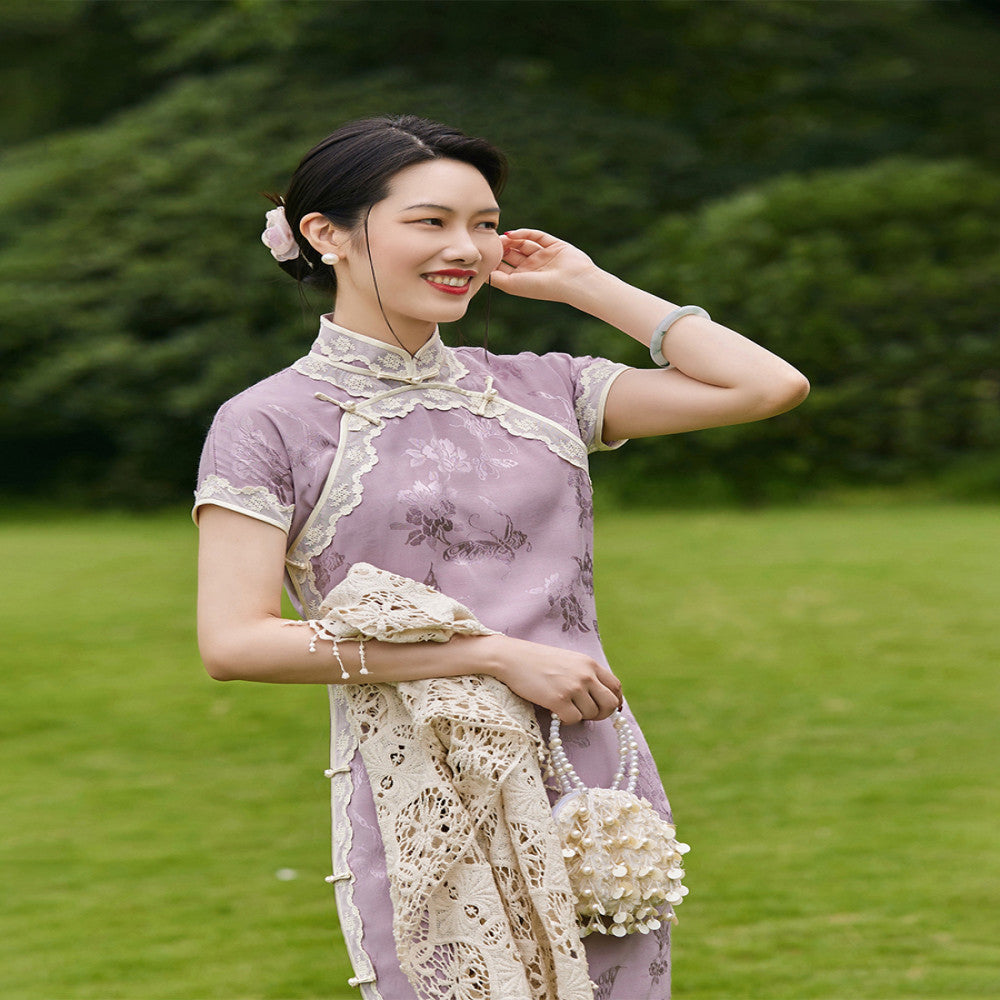 Zhixian Top Ulara Jacquard Satin Summer Style Double Breasts Daily Ancient Method Fully Open Unlimited Cheongsam image 27