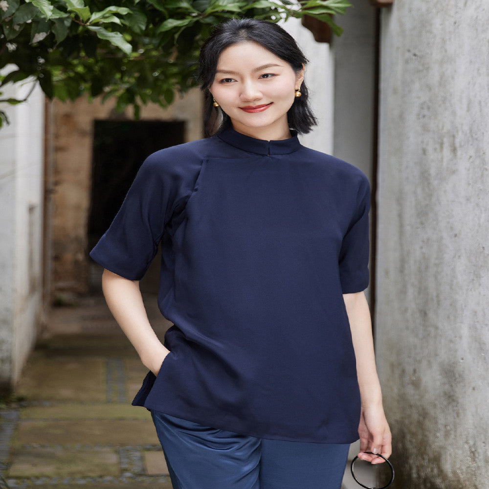 Heavy duty silk and heavy crepe satin summer women s top new Chinese retro sloping collar improved shirt stand up collar for slimming Tang style outfit image 1