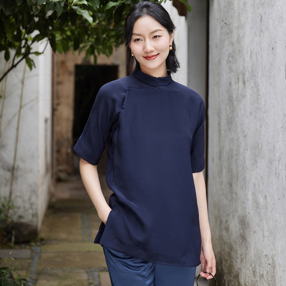 Heavy duty silk and heavy crepe satin summer women s top new Chinese retro sloping collar improved shirt stand up collar for slimming Tang style outfit image 13
