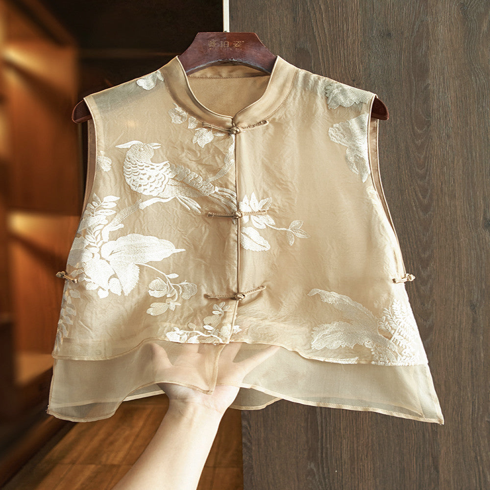 Khaki high end silk Chinese style vest summer style women s thin super beautiful heavy embroidery mulberry silk new Chinese style top image 1