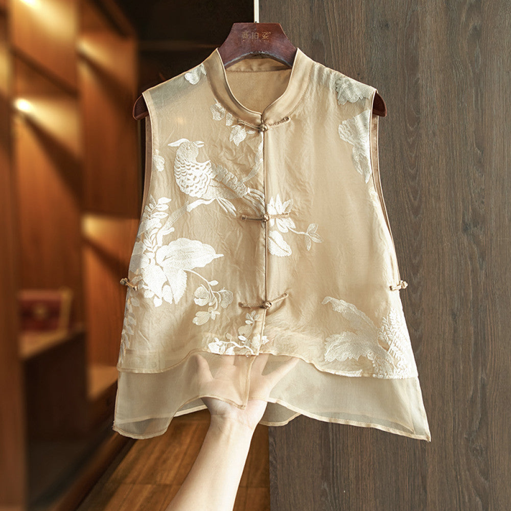 Khaki high end silk Chinese style vest summer style women s thin super beautiful heavy embroidery mulberry silk new Chinese style top image 8