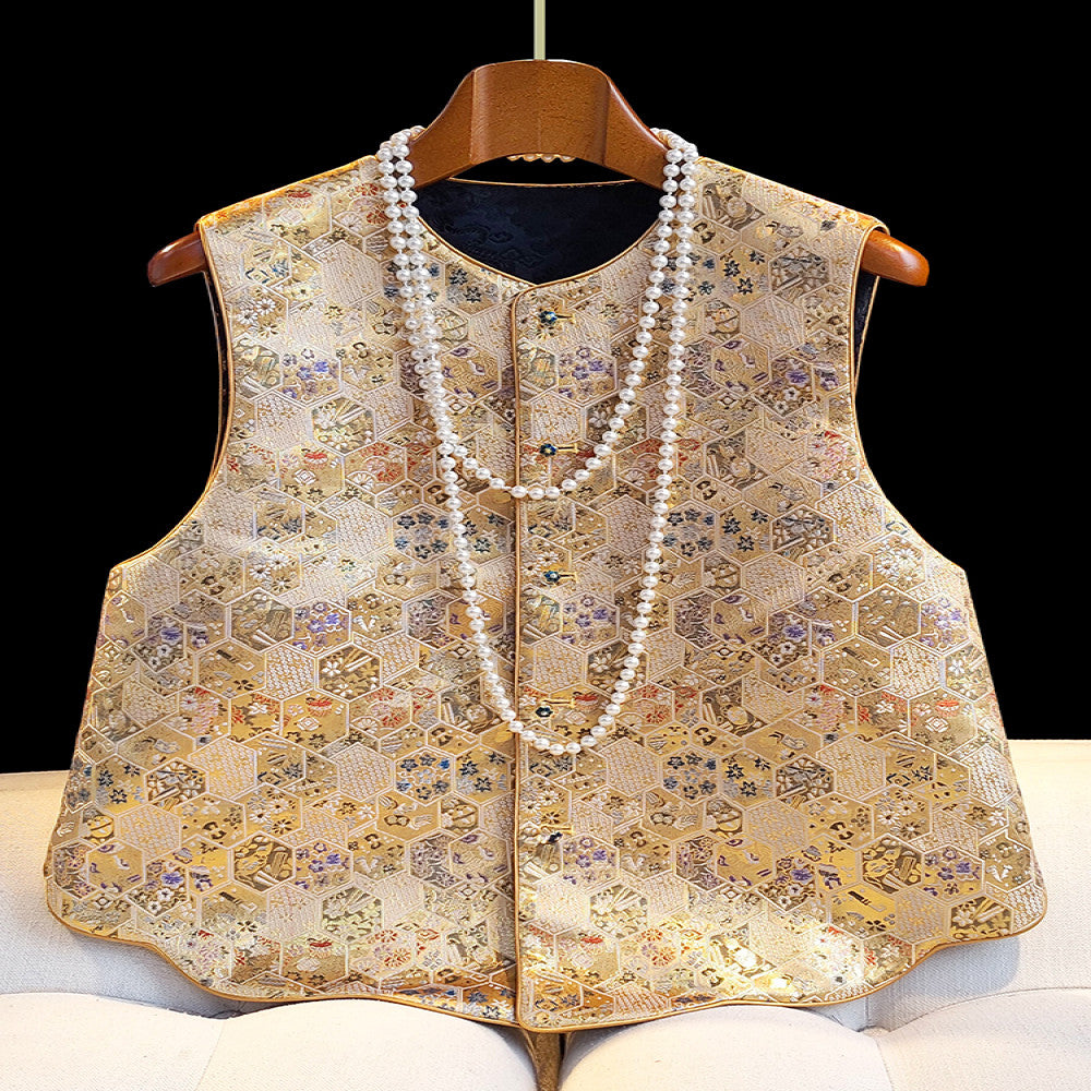 New Chinese style Song brocade jacquard Chinese style double sided vest with vest female original design improved round neck top small jacket image 1