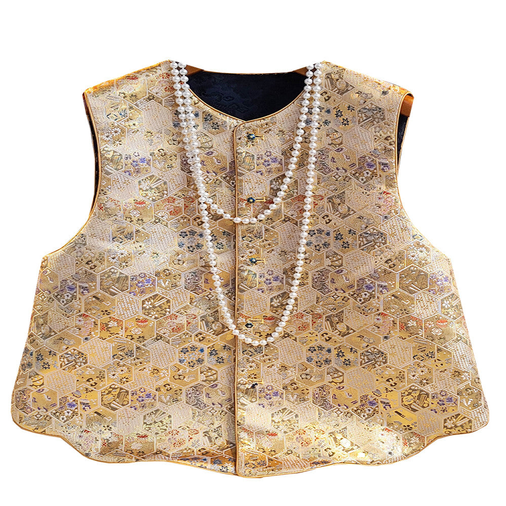 New Chinese style Song brocade jacquard Chinese style double sided vest with vest female original design improved round neck top small jacket image 5
