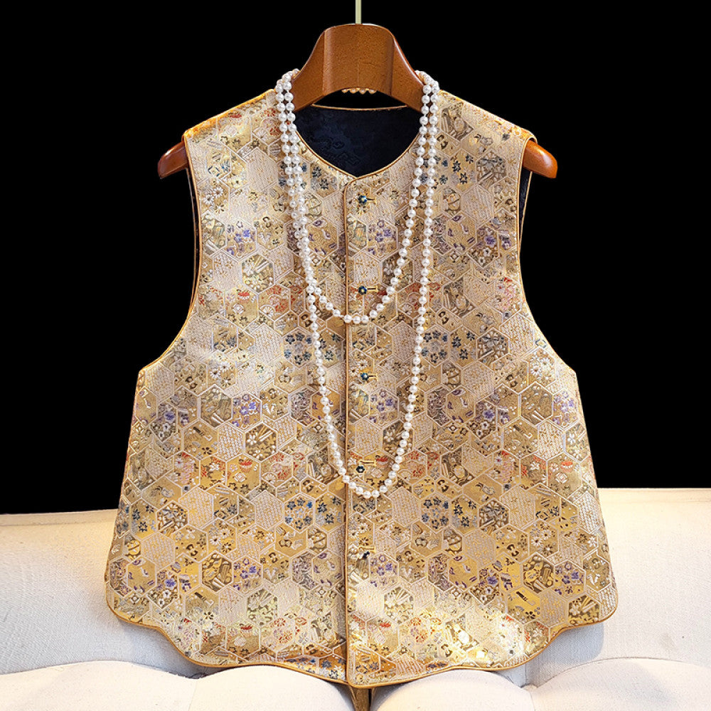 New Chinese style Song brocade jacquard Chinese style double sided vest with vest female original design improved round neck top small jacket image 15