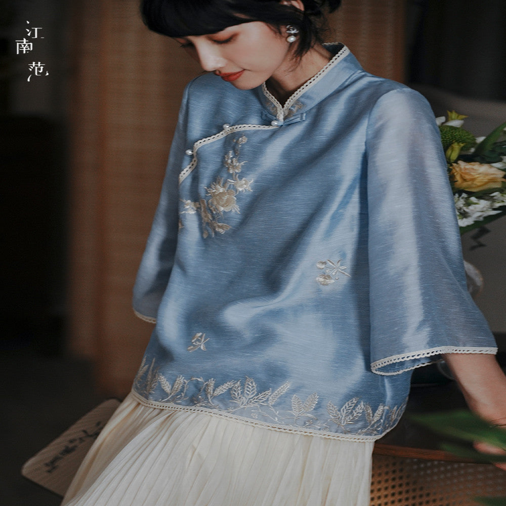 Jiangnan Fan New Chinese style Women s Clothing Improved Blue Cheongsam Top Embroidered Young Style Republic of China Style Retro Style Small Shirt image 1