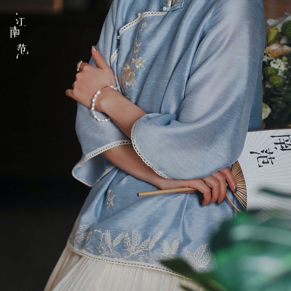 Jiangnan Fan New Chinese style Women s Clothing Improved Blue Cheongsam Top Embroidered Young Style Republic of China Style Retro Style Small Shirt image 6