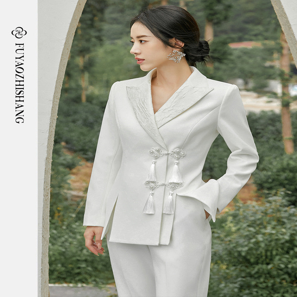 FUYAO Chinese style suit jacket women s autumn new design tassel buckle lapel suit long sleeved top image 2