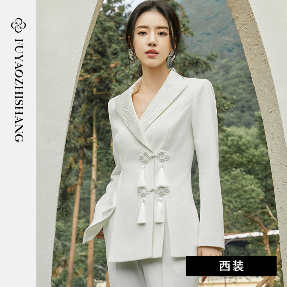 FUYAO Chinese style suit jacket women s autumn new design tassel buckle lapel suit long sleeved top image 6