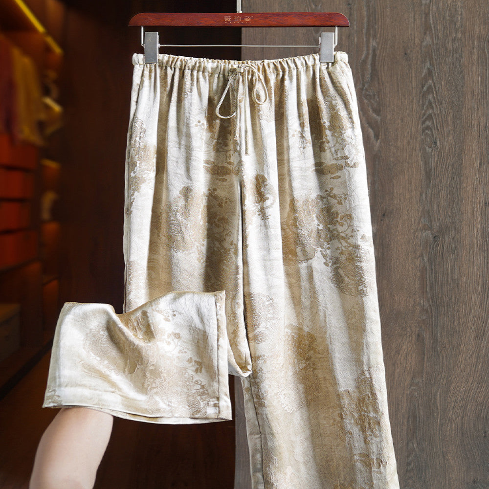 Champagne high level casual straight trousers for women New vintage light China Chic jacquard high waist loose wide leg pants image 0
