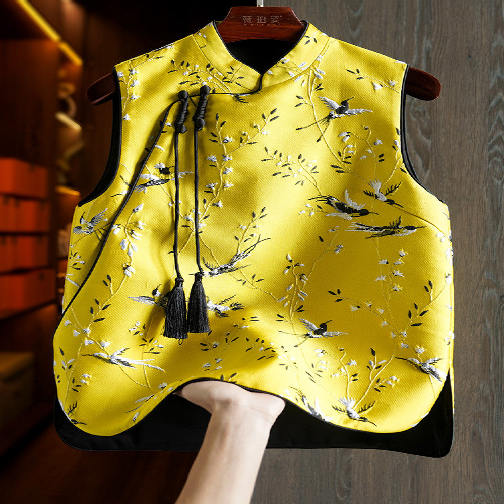 Yellow silk woven brocade vest women s spring and autumn new original design retro embroidery Chinese style buckle top image 1