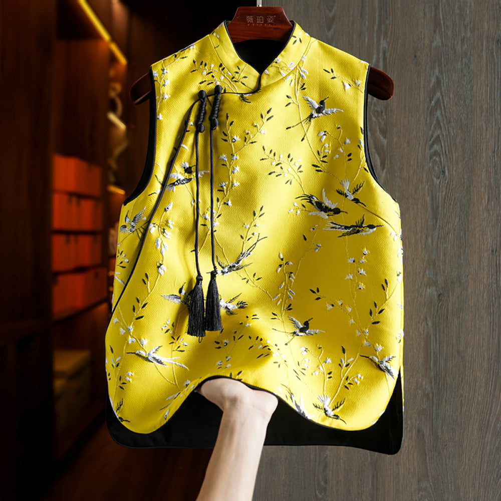 Yellow silk woven brocade vest women s spring and autumn new original design retro embroidery Chinese style buckle top image 7