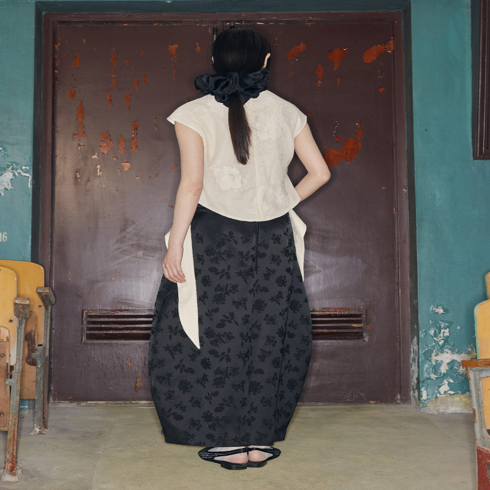 PaleBlueDot Summer Trendy Black Satin Jacquard Paper Design with Flower Bud Half Skirt for Women image 11