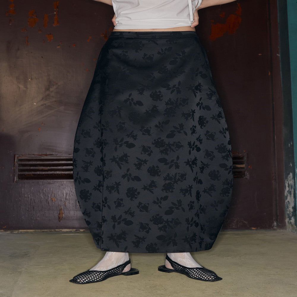 PaleBlueDot Summer Trendy Black Satin Jacquard Paper Design with Flower Bud Half Skirt for Women image 1