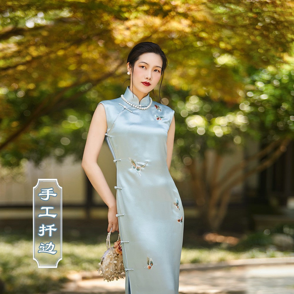 Blue water soluble top ulara hand push embroidery acetic acid spring summer style retro embroidery ancient method fully open no province cheongsam image 12