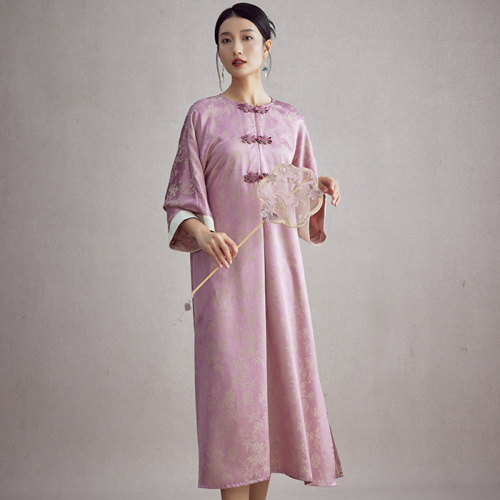 ASAYA3365 Chinese Style National Tide Retro Improved Round Neck Jacquard Daily Casual Tea Dress