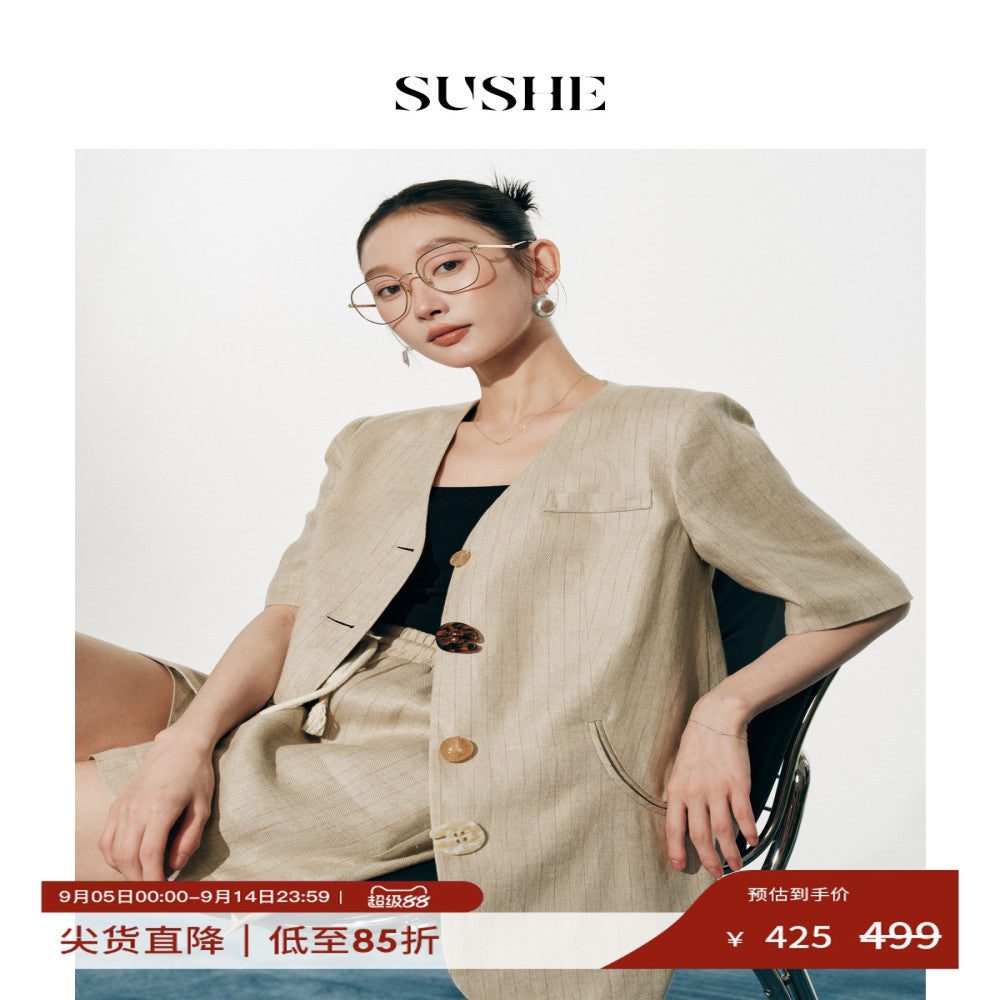 Shuxi SUSHE Elegant Style Linen Collarless Short Sleeve Irregular Buckle Suit Elastic Drawstring Shorts Set for Women image 0