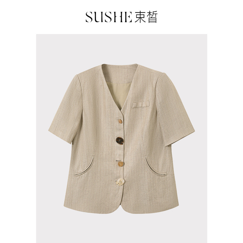 ASAYA3356 Linen collarless short-sleeved special-shaped button suit