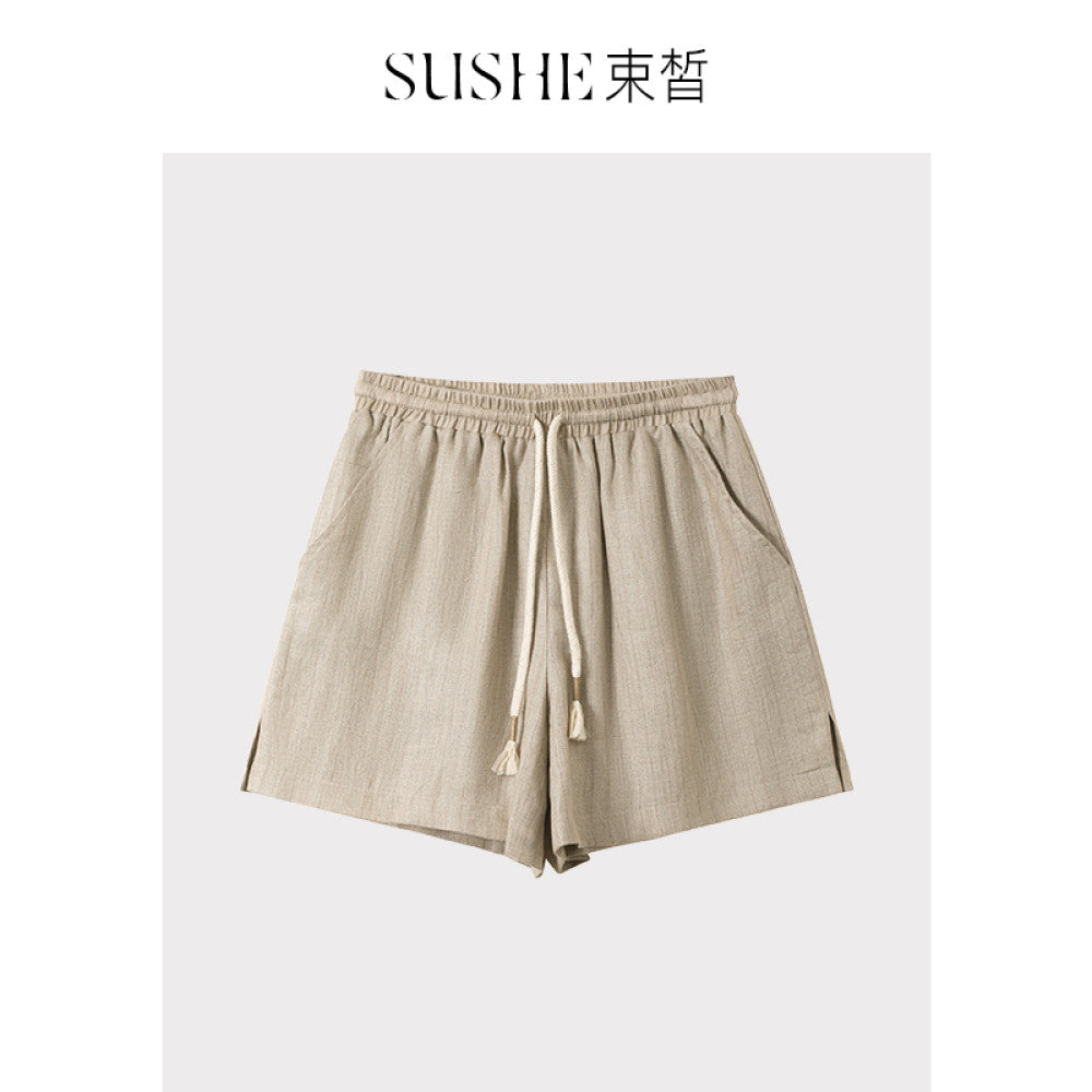 Shuxi SUSHE Elegant Style Linen Collarless Short Sleeve Irregular Buckle Suit Elastic Drawstring Shorts Set for Women image 12