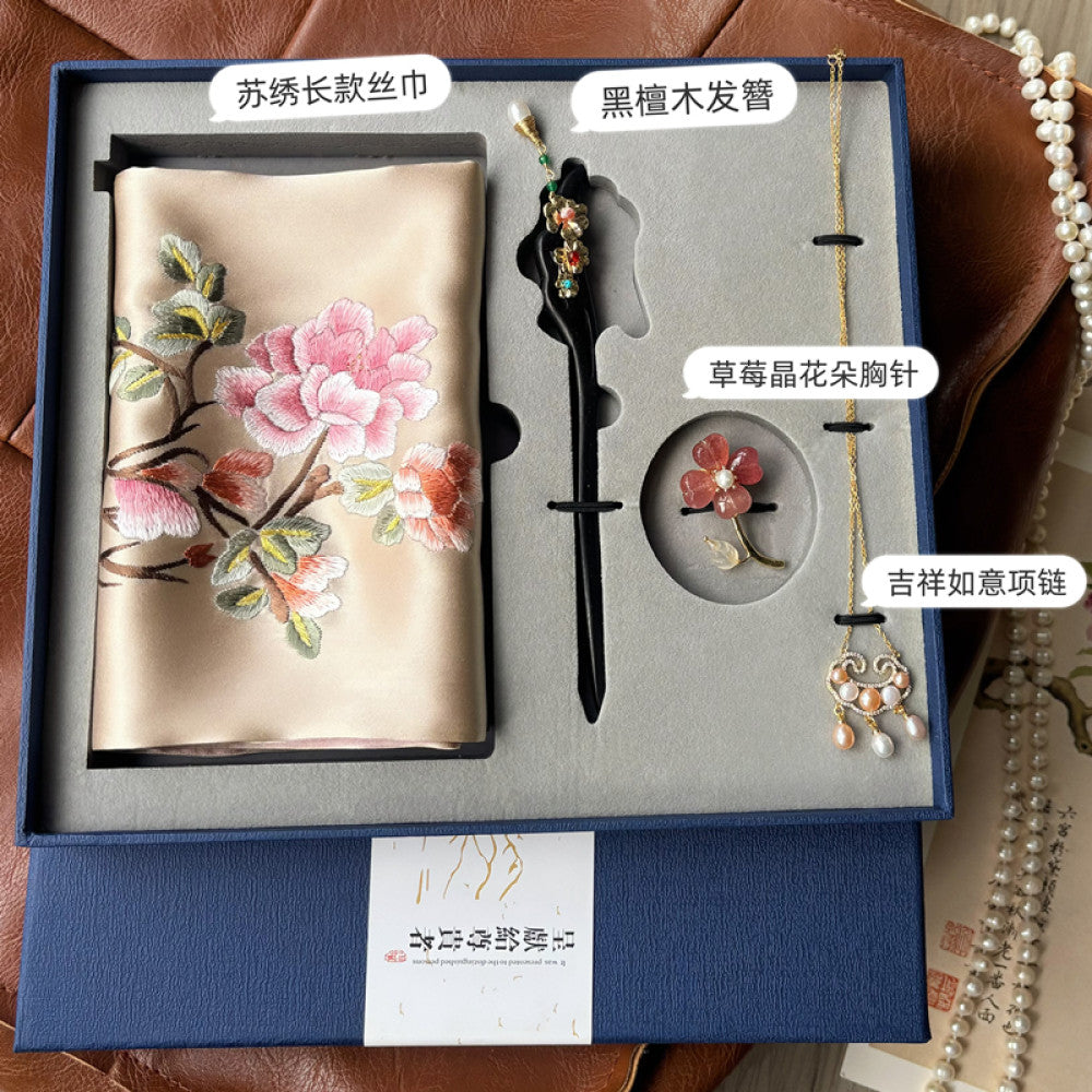 Chinese style Suzhou embroidery gift set hand embroidered silk scarf four piece holiday gift image 48