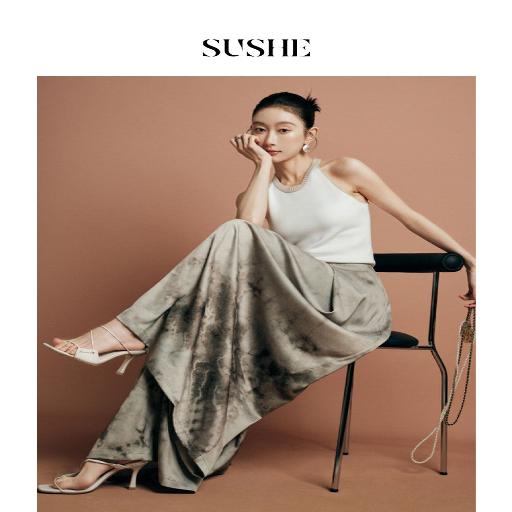 Shuxi SUSHE New Chinese Ink Smoke and Rain Design with Splicing and Patchwork Strap Large Pants Swing Skirts Women s Summer image 4