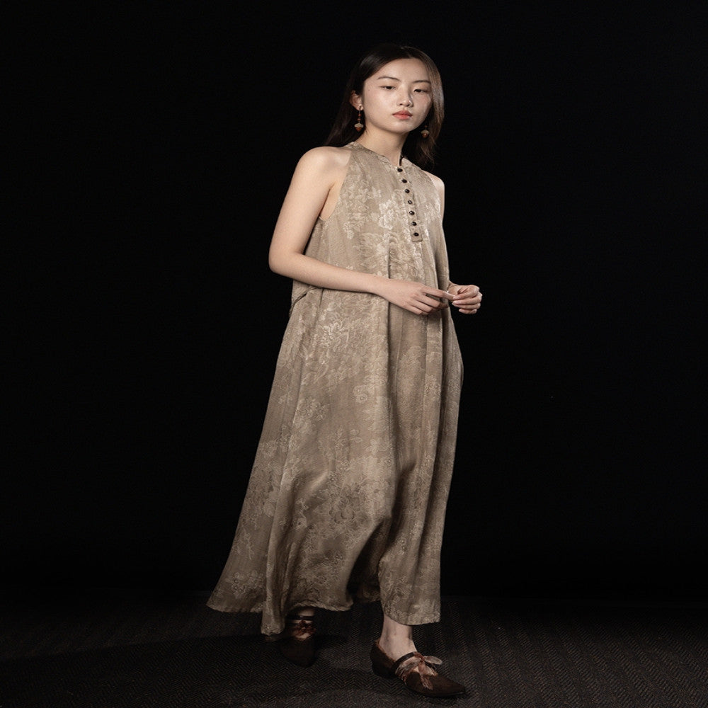 Canwu Art Cool Wabi Sabi Style New Chinese Stand up Collar Jacquard Loose Stir Fried Linen Shoulder Dress image 1