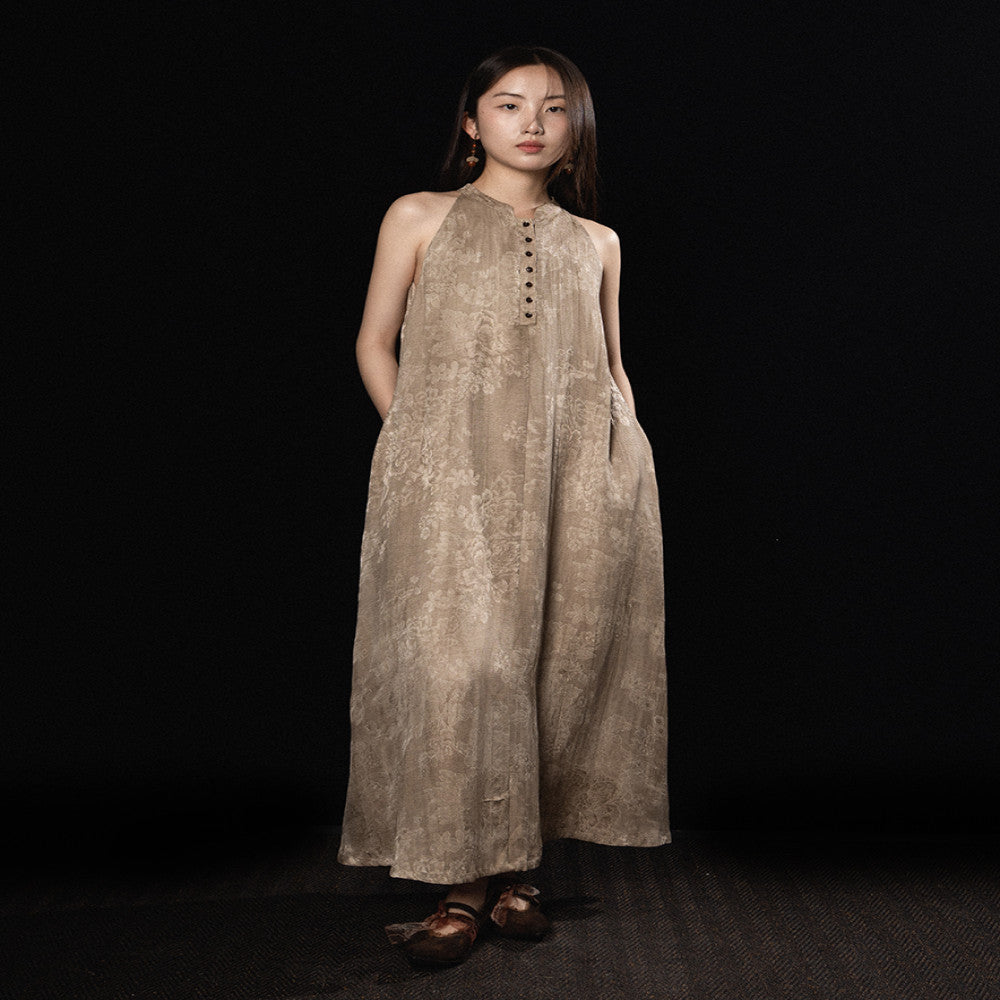 Canwu Art Cool Wabi Sabi Style New Chinese Stand up Collar Jacquard Loose Stir Fried Linen Shoulder Dress image 13