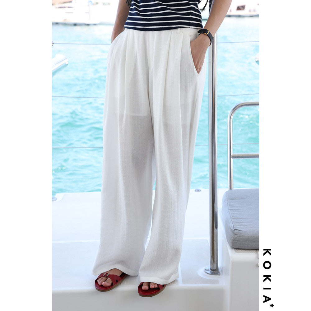 ASAYA3341 Airy, loose, soft, linen material, comfortable to wear, semi-elastic waist, comfortable, loose wide-leg trousers in two colors