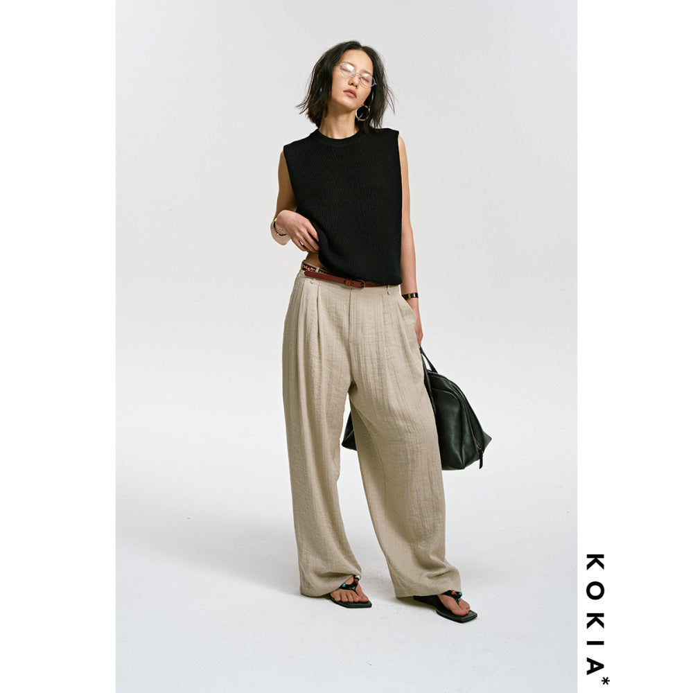 ASAYA3341 Airy, loose, soft, linen material, comfortable to wear, semi-elastic waist, comfortable, loose wide-leg trousers in two colors