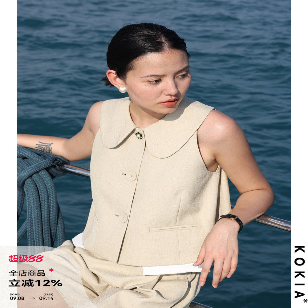 KOKIA in stock high quality texture linen fabric playful lady Eaton collar raglan sleeves A list short vest two colors image 0