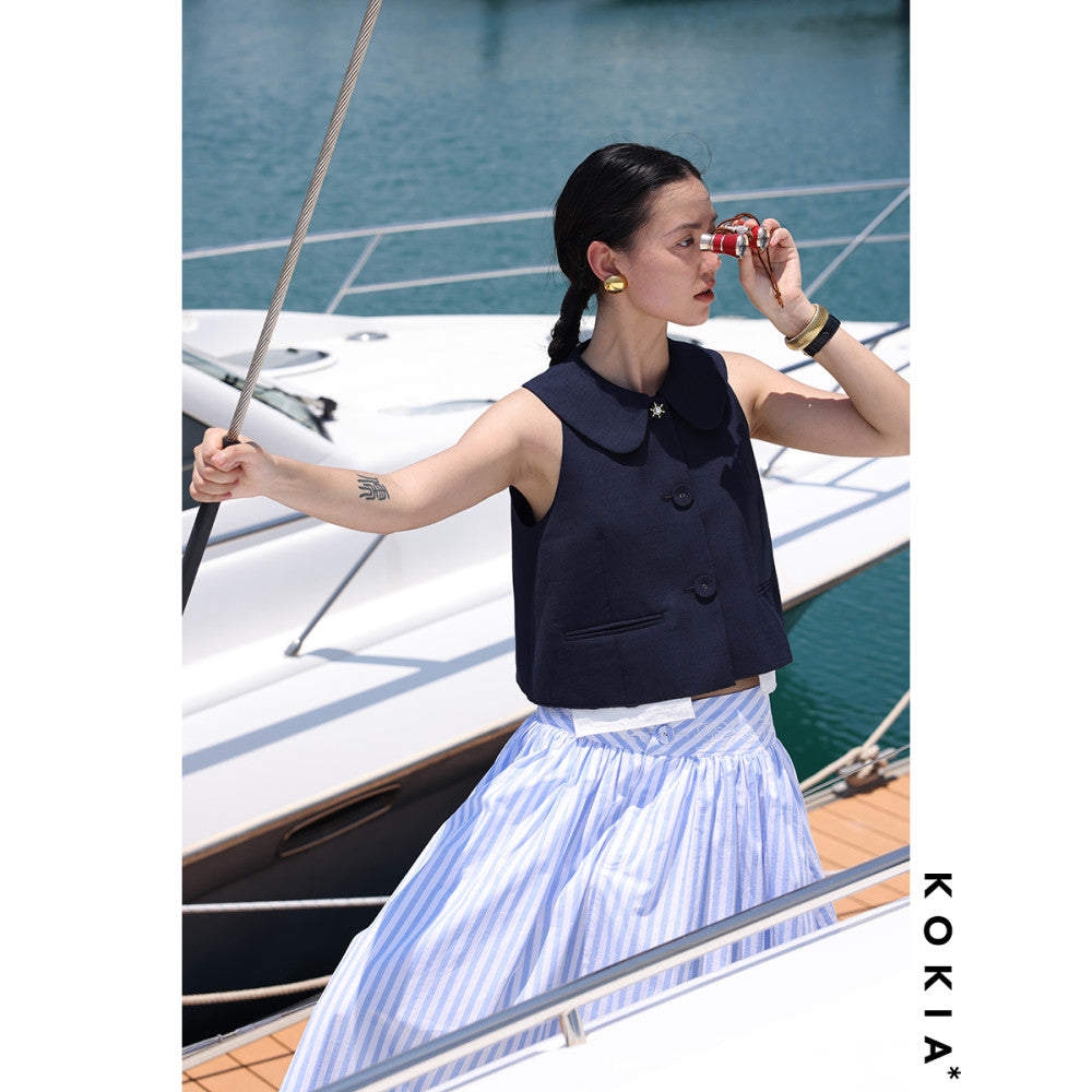 KOKIA in stock high quality texture linen fabric playful lady Eaton collar raglan sleeves A list short vest two colors image 7