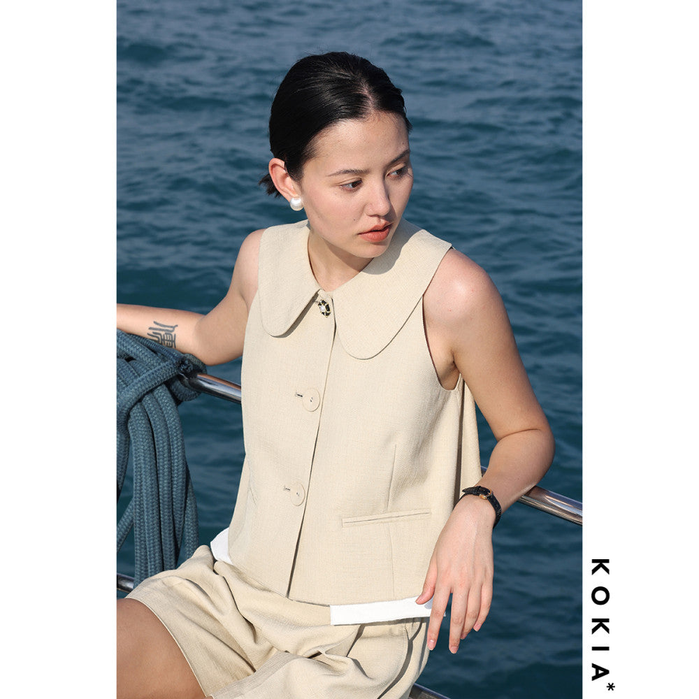 KOKIA in stock high quality texture linen fabric playful lady Eaton collar raglan sleeves A list short vest two colors image 11
