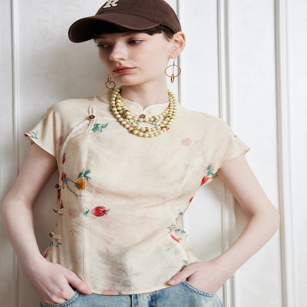 Aozhi Country Apricot New Chinese Printed Stand up Collar Oblique Collar Shirt Chinese Style Clear and Cold Short Sleeve T shirt Women s Summer N image 1