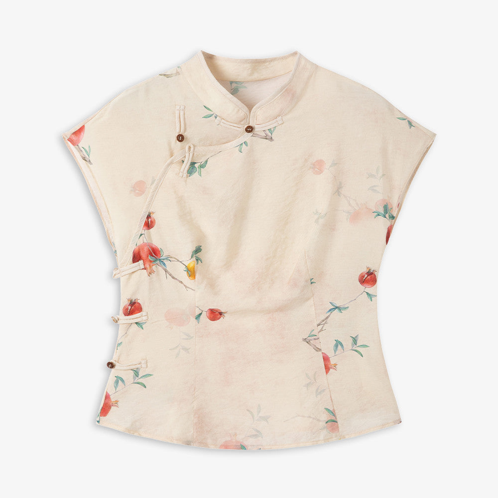 Aozhi Country Apricot New Chinese Printed Stand up Collar Oblique Collar Shirt Chinese Style Clear and Cold Short Sleeve T shirt Women s Summer N image 10