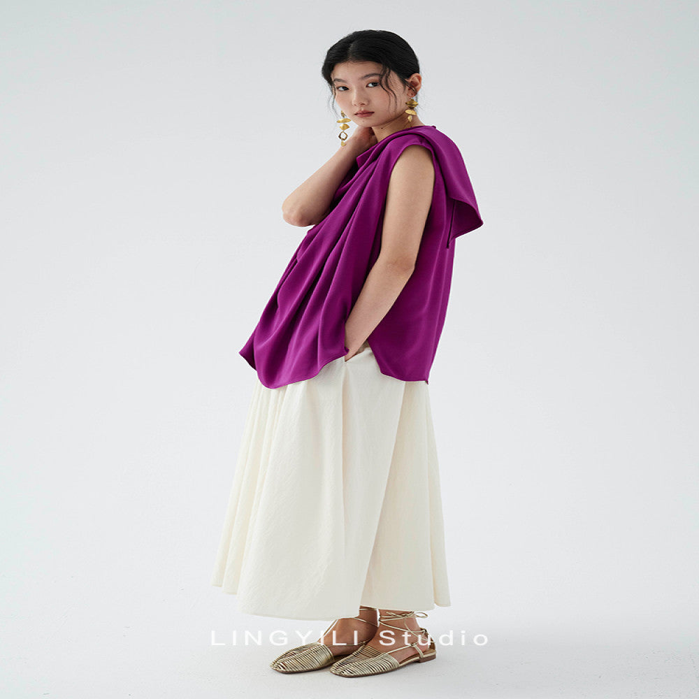 LINGYLI Spring Summer Collection Original Design Acetate Satin Stand Cut Swing Collar Style Short Top image 4