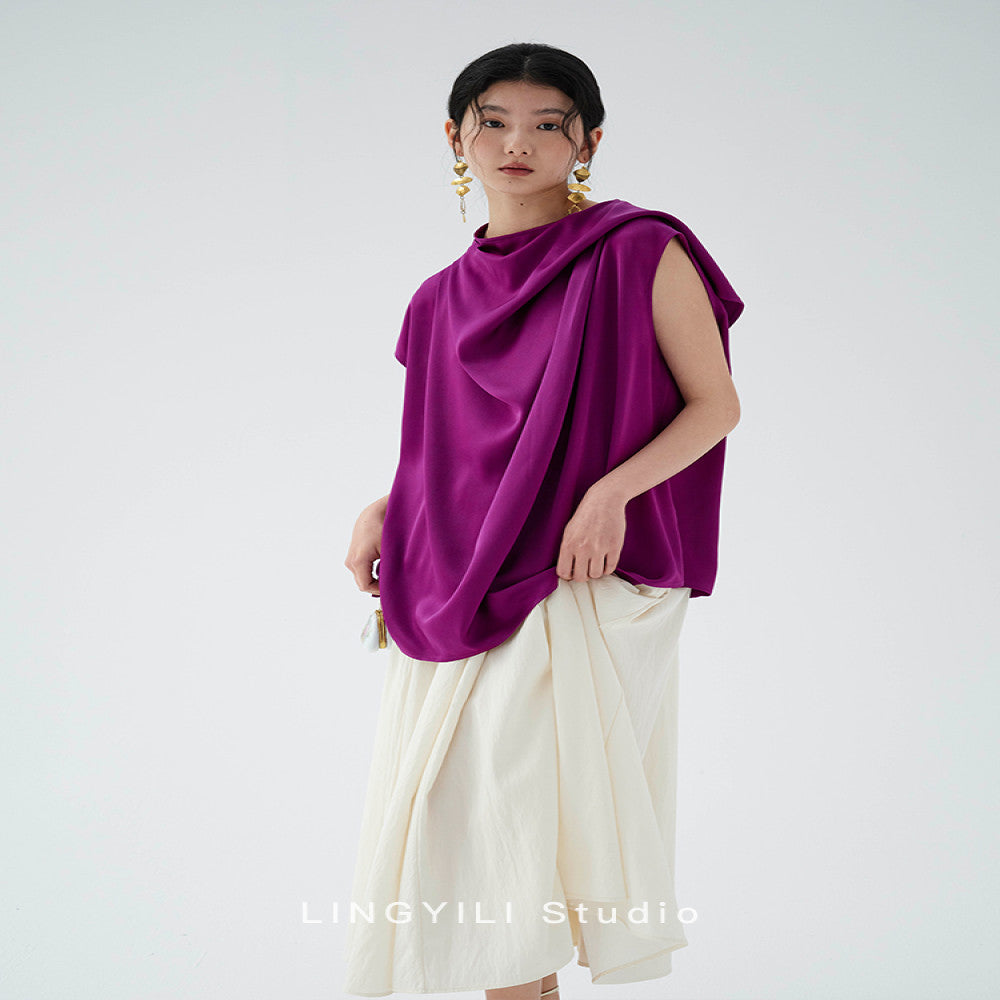 LINGYLI Spring Summer Collection Original Design Acetate Satin Stand Cut Swing Collar Style Short Top image 13