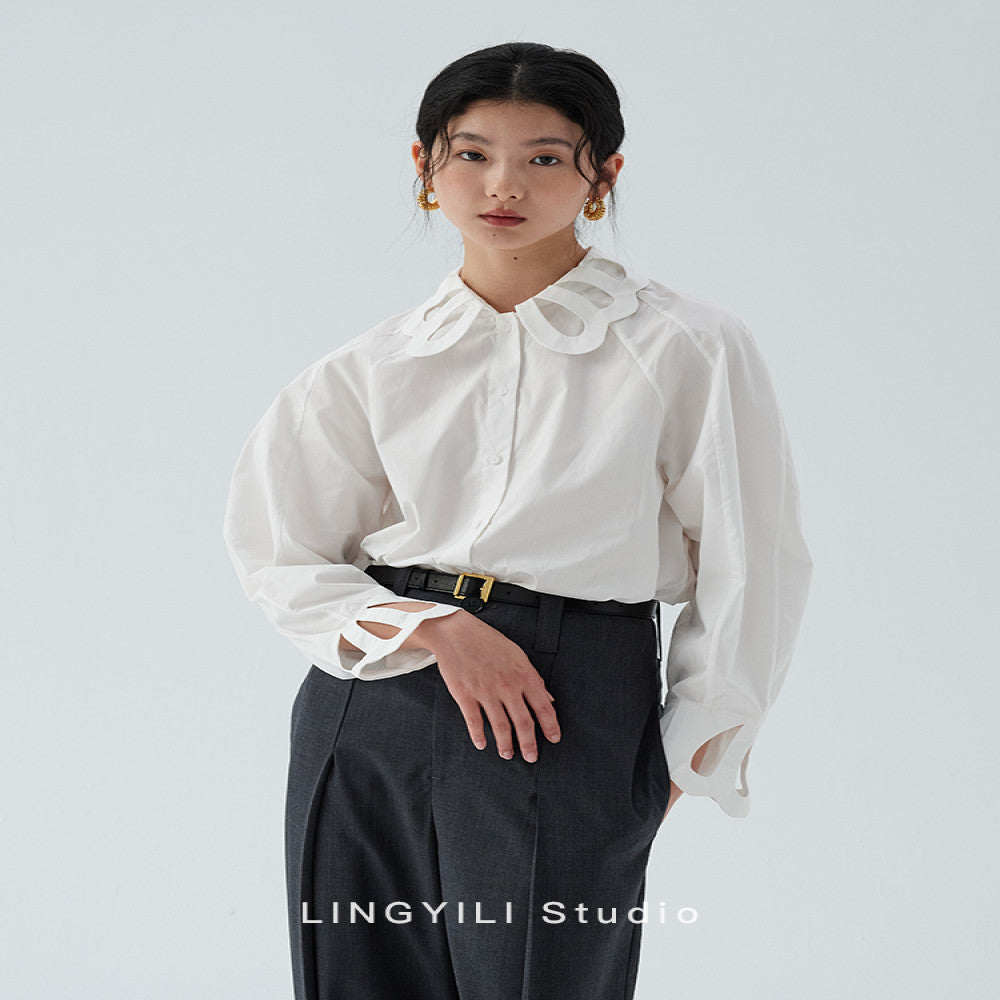 LINGYLI Spring Collection Original Design Hollow Flower Collar Horn Sleeve Cotton French Retro Shirt Two Colors image 15