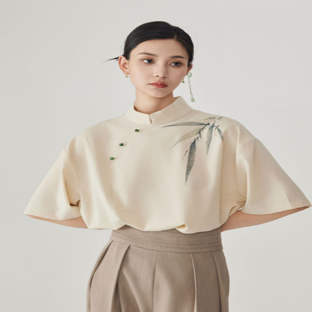 CNEW Chu Nianer asked about the new Chinese style stand up collar clear linen ink wash bamboo leaf print dyed jade button short sleeved shirt image 1