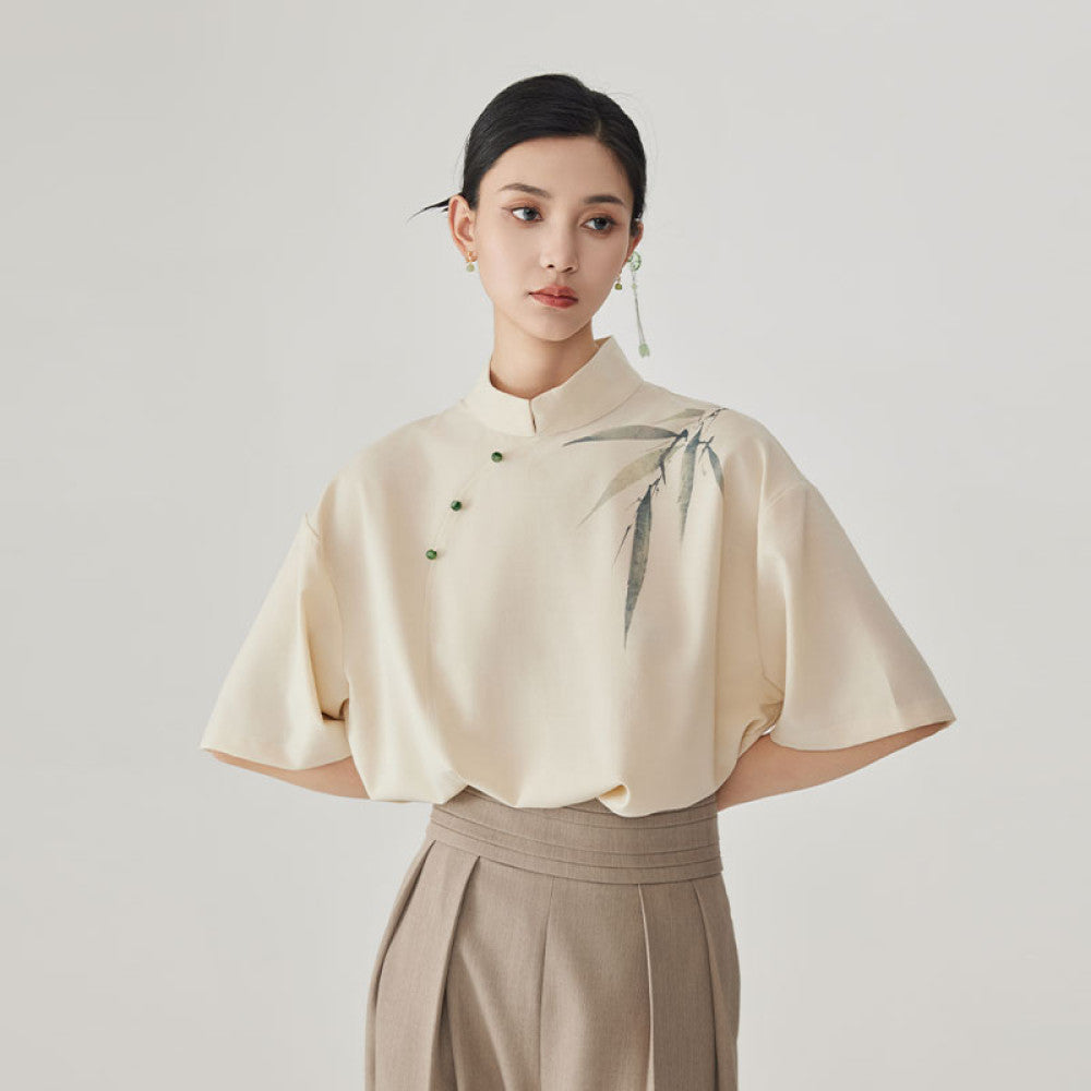 CNEW Chu Nianer asked about the new Chinese style stand up collar clear linen ink wash bamboo leaf print dyed jade button short sleeved shirt image 13