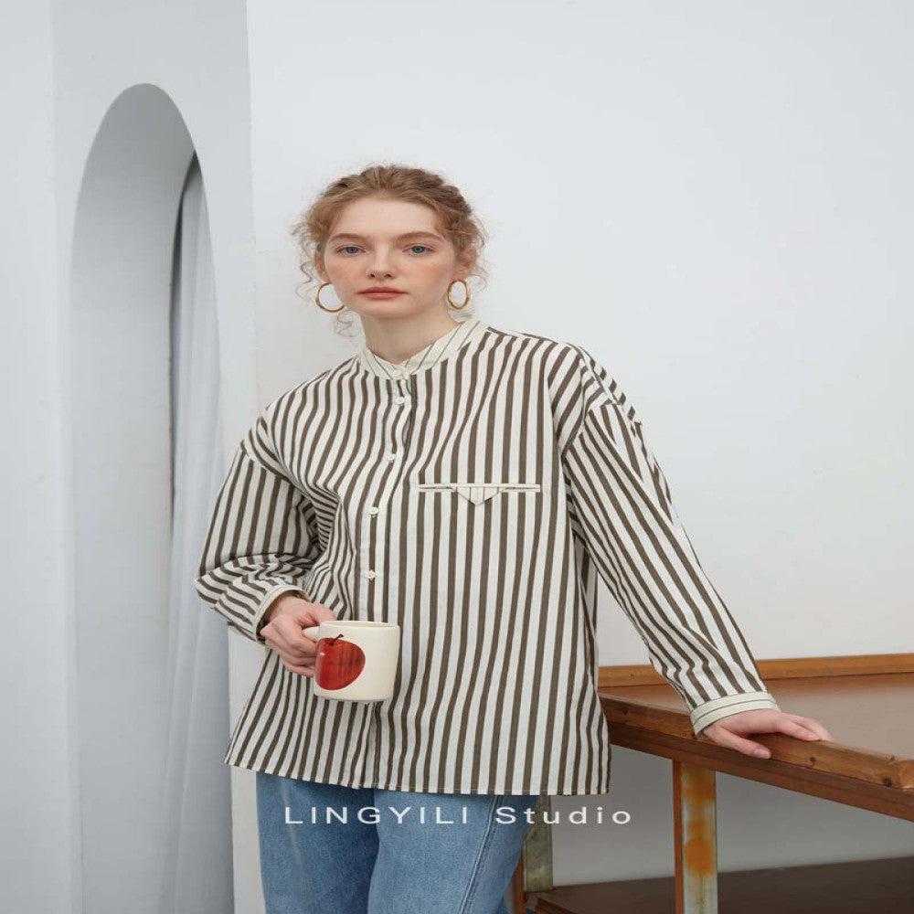 LINGYLI Spring Series Cotton Striped Small Stand Collar workwear Wind Japanese Shirt image 11